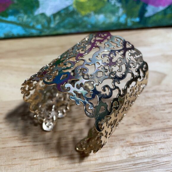 Fashion Jewelry Jewelry - Gold Tone Filigree Arabesque Style Open Wide Cuff Bracelet 2 3/8” wide